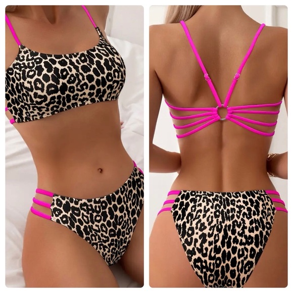 Leopard Print Hot Pink Strappy High Cut Bikini Set - Picture 1 of 10